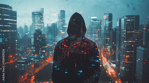 Hacker are planning to hack and attack networks and cyber security systems. Smart Innovation city with connection ffuture wireless digital city and social media networking over the sunset cityscape.	