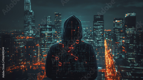 Hacker are planning to hack and attack networks and cyber security systems. Smart Innovation city with connection ffuture wireless digital city and social media networking over the sunset cityscape.	