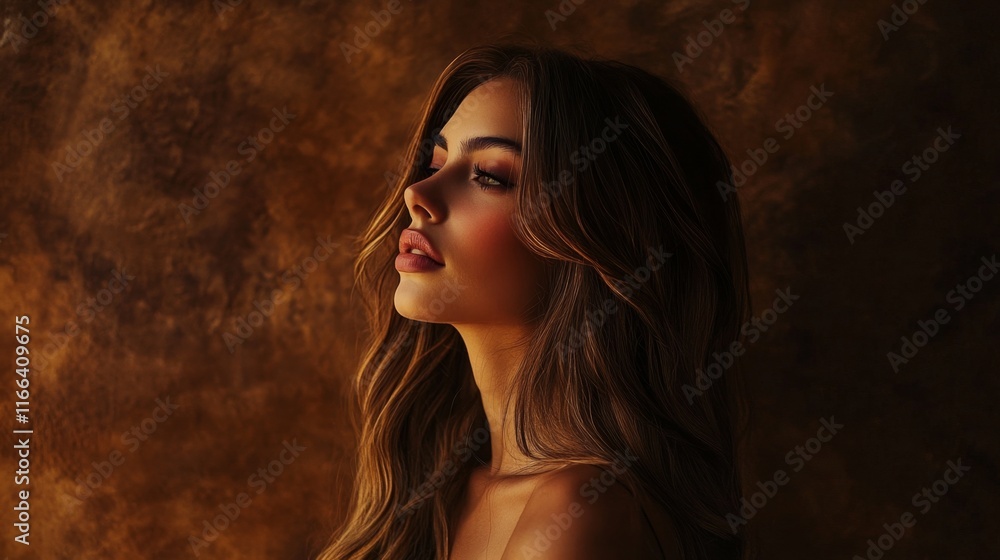 Beautiful glamorous model woman with long wavy and shiny hair against brown studio wall Beautiful glamorous model woman with long wavy and shiny hair against brown studio wall