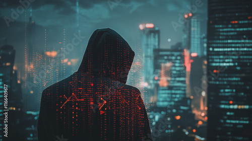 Hacker are planning to hack and attack networks and cyber security systems. Smart Innovation city with connection ffuture wireless digital city and social media networking over the sunset cityscape.	