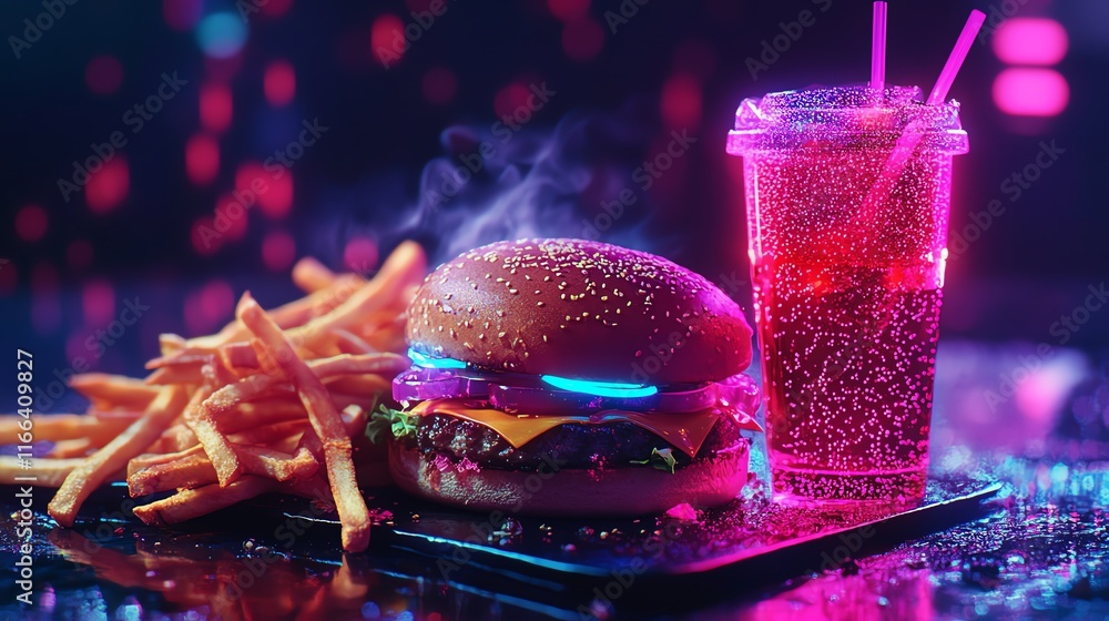 Vibrant burger with fries and soda, neon lights. Vibrant burger with fries and soda, neon lights.
