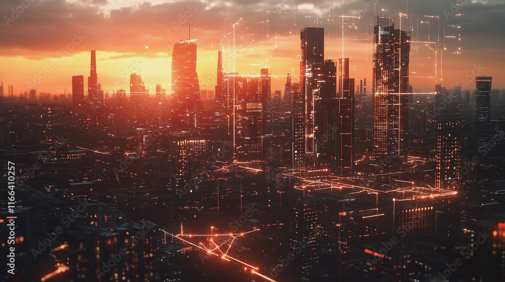 Fototapeta premium Smart Innovation city with connection cyber security network reciprocity over the sunset cityscape future wireless digital city and social media networking systems that connects people in the city