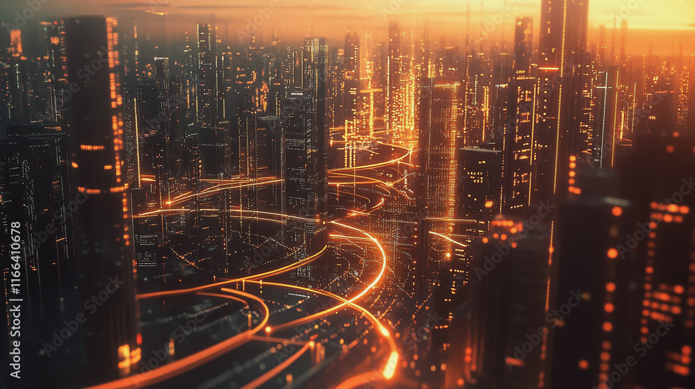Fototapeta premium Smart Innovation city with connection cyber security network reciprocity over the sunset cityscape future wireless digital city and social media networking systems that connects people in the city