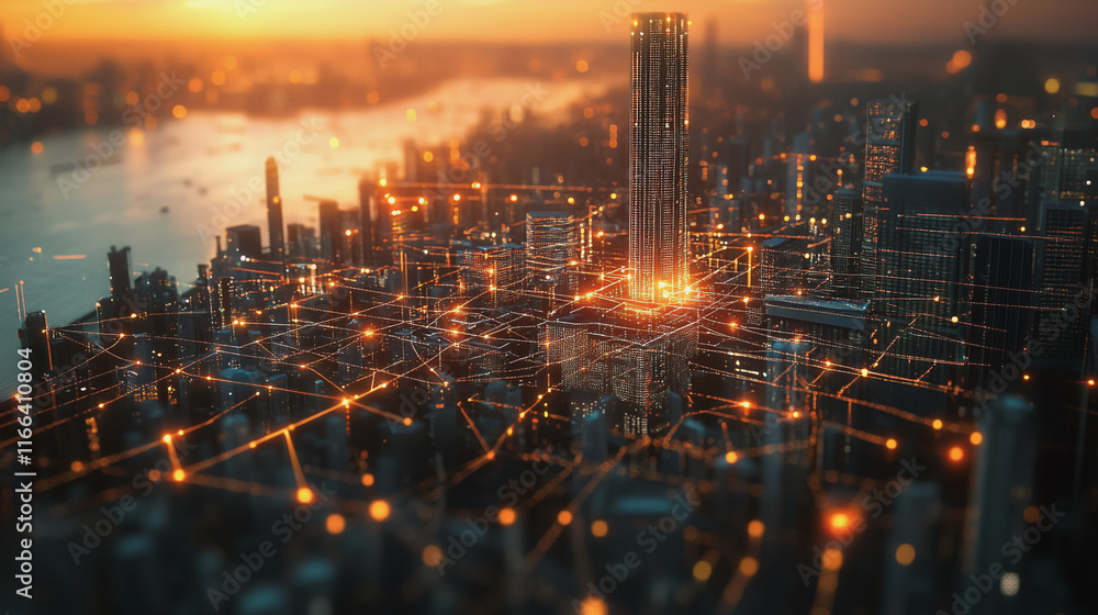 Fototapeta premium Smart Innovation city with connection cyber security network reciprocity over the sunset cityscape future wireless digital city and social media networking systems that connects people in the city