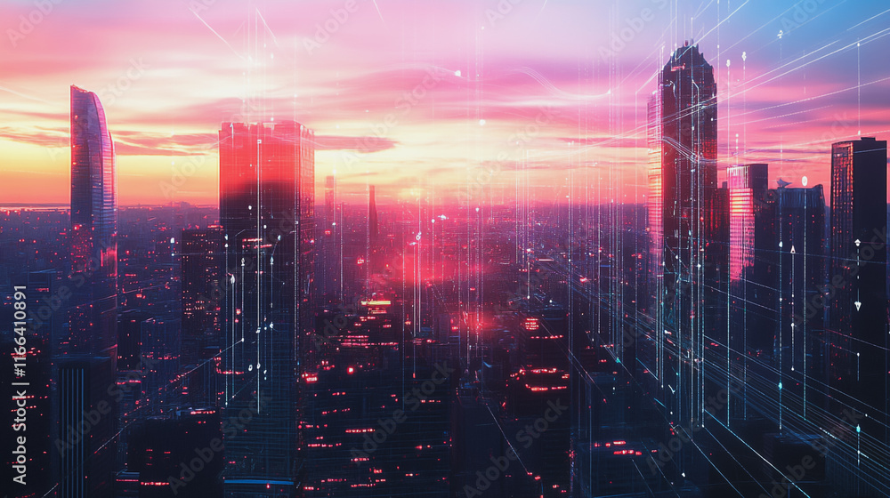 Fototapeta premium Smart Innovation city with connection cyber security network reciprocity over the sunset cityscape future wireless digital city and social media networking systems that connects people in the city