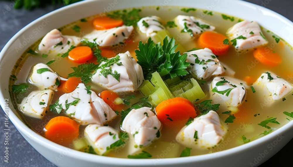 Fresh Psarosoupa with Fish, Carrots, and Herbs in a Bowl Fresh Psarosoupa with Fish, Carrots, and Herbs in a Bowl