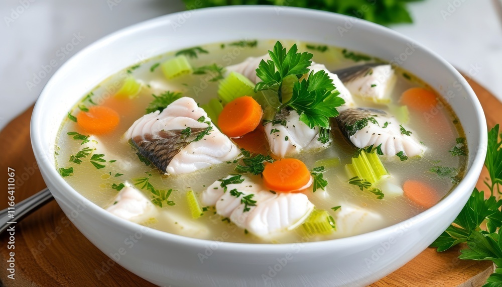 Fresh Fish Soup with Carrots and Celery Garnished with Parsley in a White Bowl