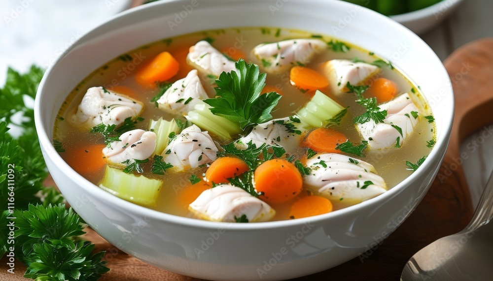 Delicious fish soup with carrots and celery garnished with fresh herbs in a bowl Delicious fish soup with carrots and celery garnished with fresh herbs in a bowl