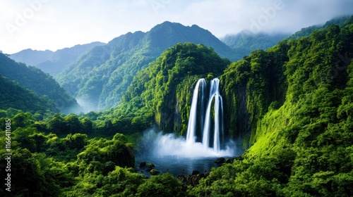Lush green landscape featuring a majestic waterfall surrounded by mountains.