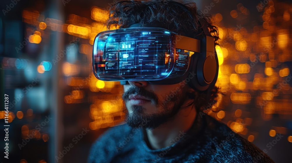 Person using virtual reality headset in a tech setting. Person using virtual reality headset in a tech setting.