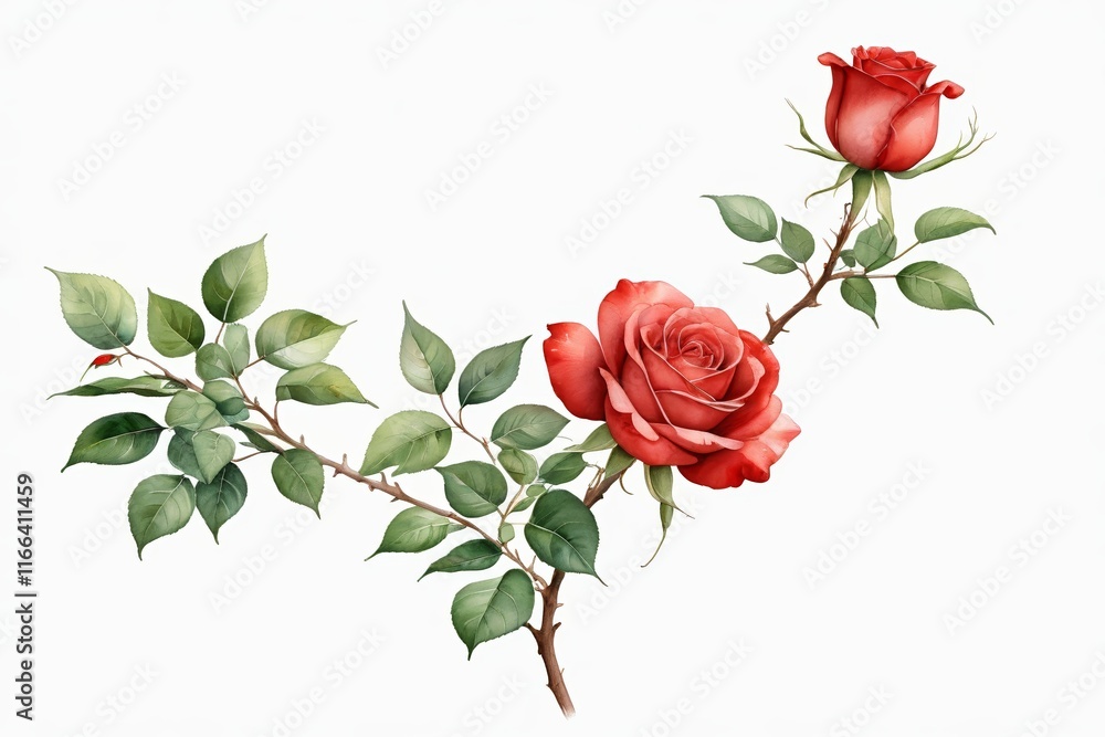 there is a painting of a rose on a branch with leaves there is a painting of a rose on a branch with leaves