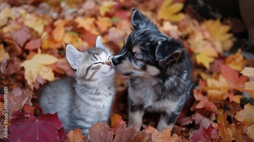 Adorable kitten and puppy share a kiss amidst autumn leaves. Perfect for pet, autumn, or friendship themes; evokes warmth and affection. photo