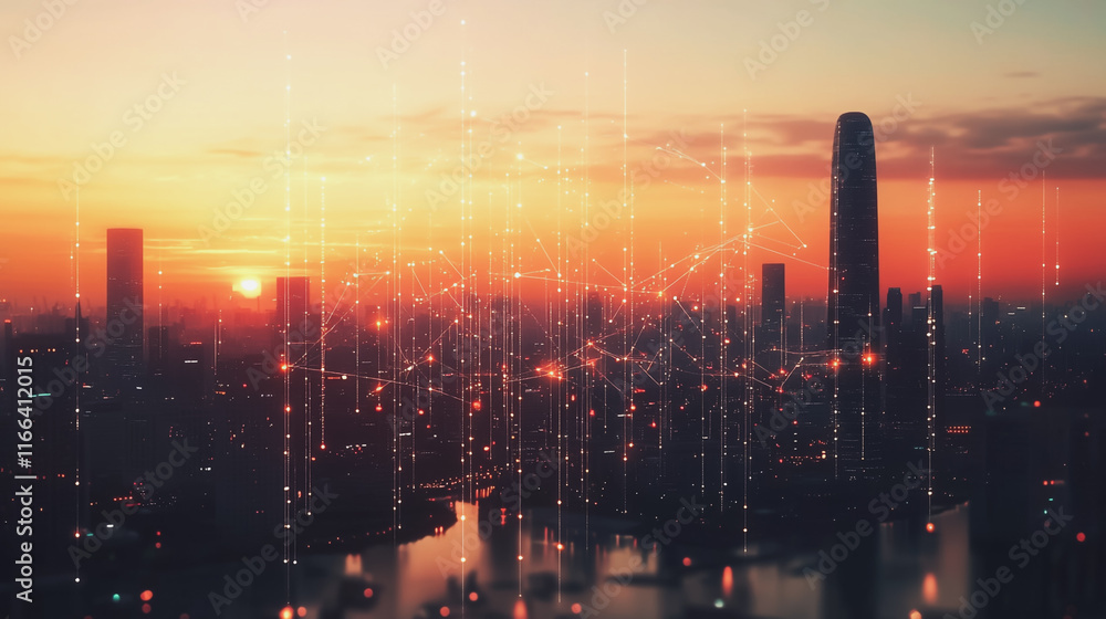 Fototapeta premium Smart Innovation city with connection cyber security network reciprocity over the sunset cityscape future wireless digital city and social media networking systems that connects people in the city