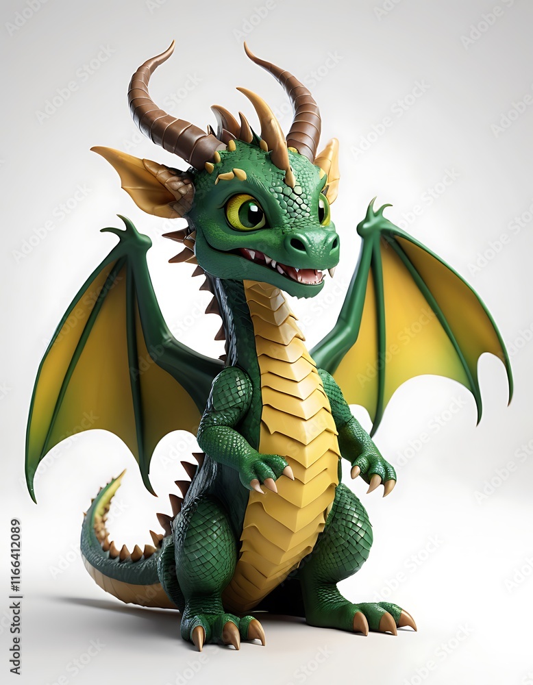 Fototapeta premium Cute Cartoon Dragon in Green and Gold with White Background. Generative AI