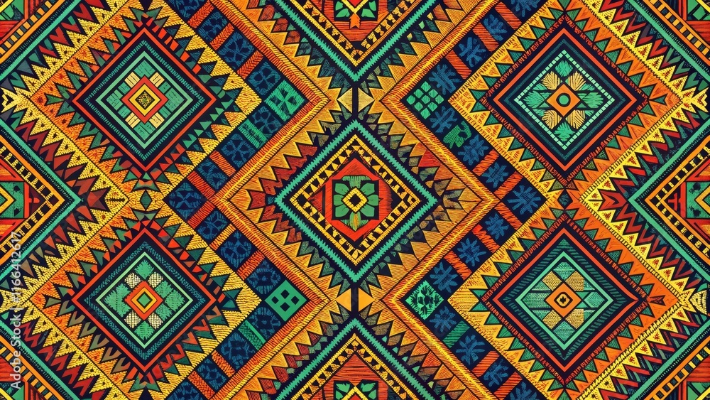 Vibrant Geometric Textile Design with Interlocking Tribal Patterns and Bold Colors Vibrant Geometric Textile Design with Interlocking Tribal Patterns and Bold Colors