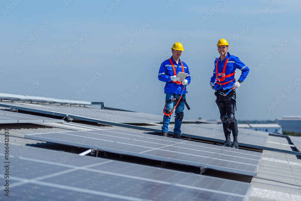 Technicians installing and inspecting standards solar panels on roof industrial factory. Shake hand work success experience. Electrical energy obtained from nature sunlight clean renewable energy. Technicians installing and inspecting standards solar panels on roof industrial factory. Shake hand work success experience. Electrical energy obtained from nature sunlight clean renewable energy.