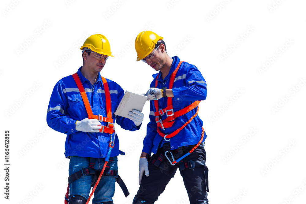 Fototapeta premium Technician engineer yellow hard hat and uniform isolates on white background. Professional person industrial using tablet. Clipping path.