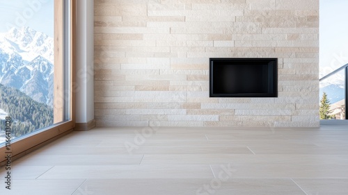 Wallpaper Mural Flooring tile maintenance concept. Minimalist interior featuring natural stone walls, a modern fireplace, and a scenic mountain view through large windows. Torontodigital.ca
