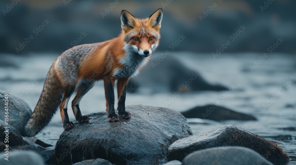 Beautiful red fox standing on a few stones over the water surface. Very focused on its prey. Pure natural wildlife photo Beautiful red fox standing on a few stones over the water surface. Very focused on its prey. Pure natural wildlife photo