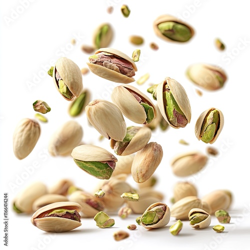 Flying delicious pistachios creating a highly realistic and detailed look, cut out