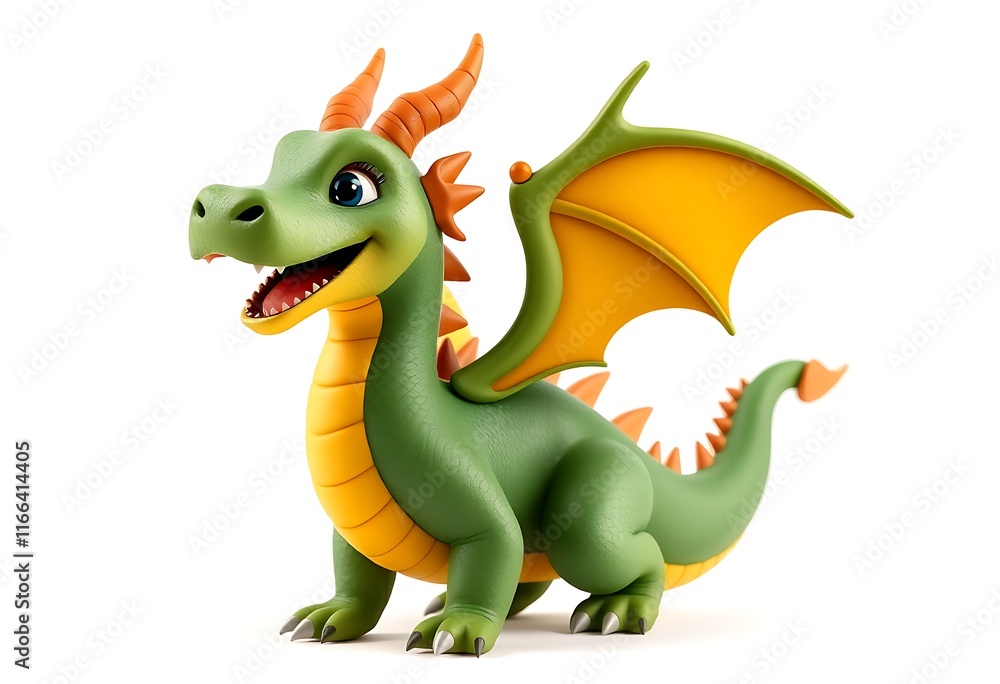 Fototapeta premium Cute Cartoon Dragon in Green and Orange Posing Against White Background