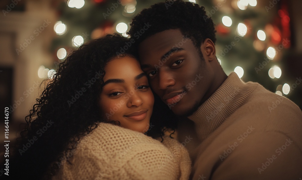 Couple embraces by Christmas tree, cozy holiday love Couple embraces by Christmas tree, cozy holiday love