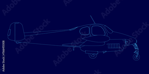 Blue airplane is shown in a blue drawing. The airplane is a small propeller plane with a single engine. The drawing is of a stylized version of the plane