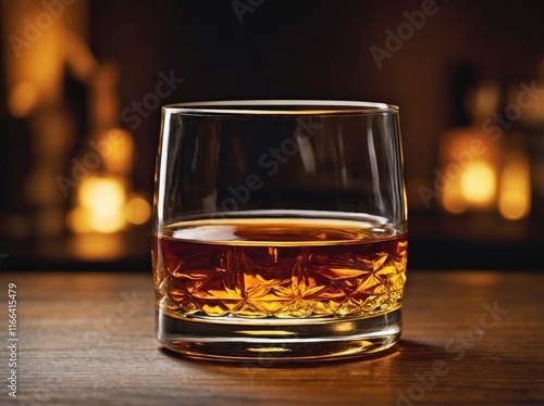 A short glass of bourbon, neat, with its deep amber liquid reflecting the light, placed on a smooth, dark wooden surface. photo