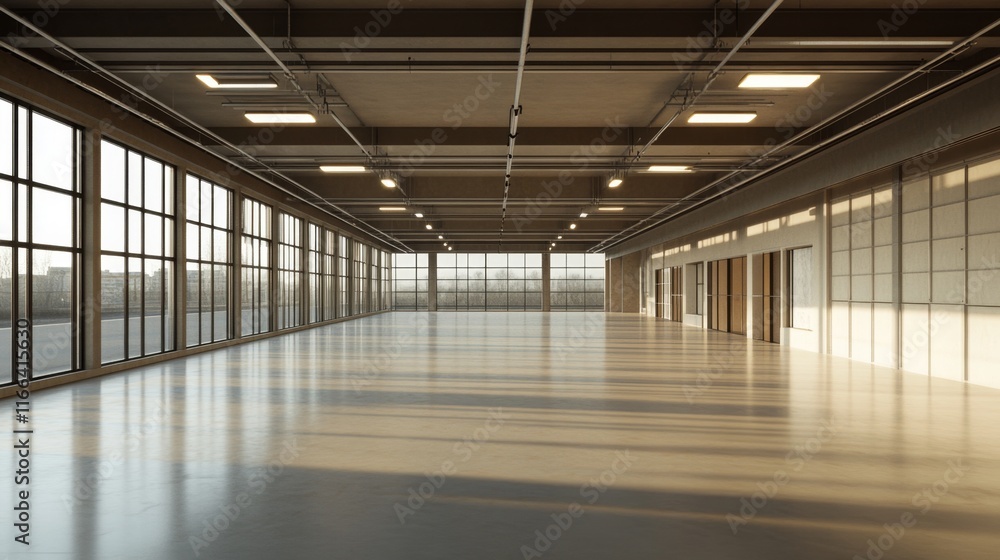 Empty modern warehouse interior with large windows and sunlight streaming through. Empty modern warehouse interior with large windows and sunlight streaming through.