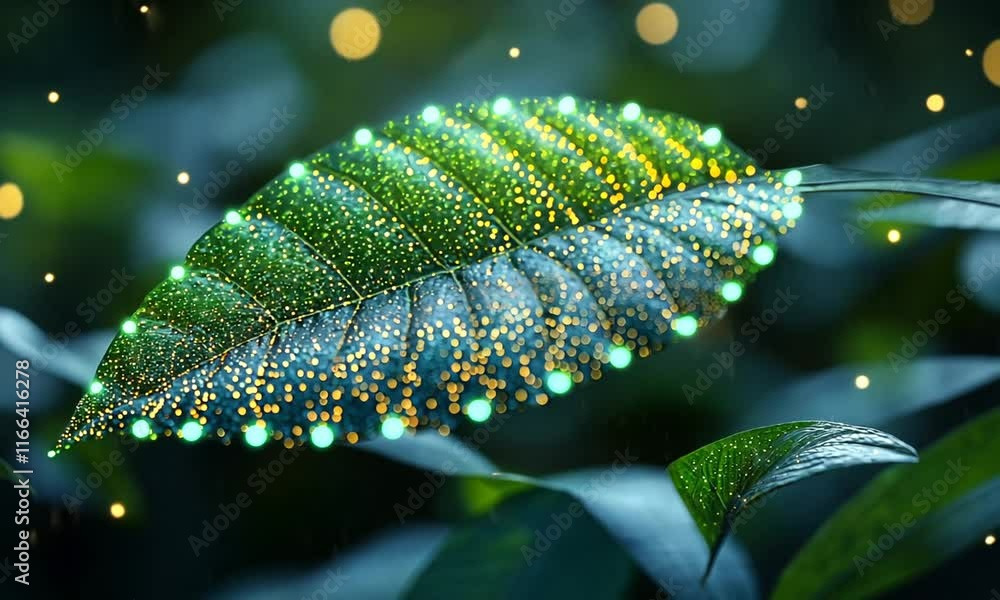 A close-up of a leaf adorned with shimmering droplets and glowing particles.
