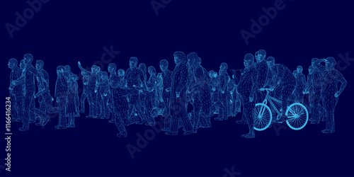 Group of people are standing in a line, with a bicycle in the middle. The image has a futuristic feel to it, with the people and bicycle appearing to be in a virtual world