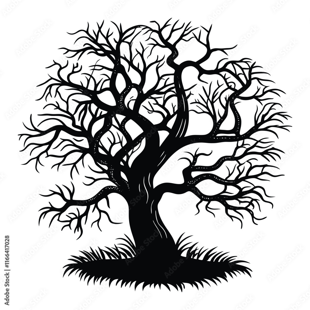 A haunting black silhouette of a dead tree with a crooked trunk and bare, skeletal branches twisting outward. A haunting black silhouette of a dead tree with a crooked trunk and bare, skeletal branches twisting outward.