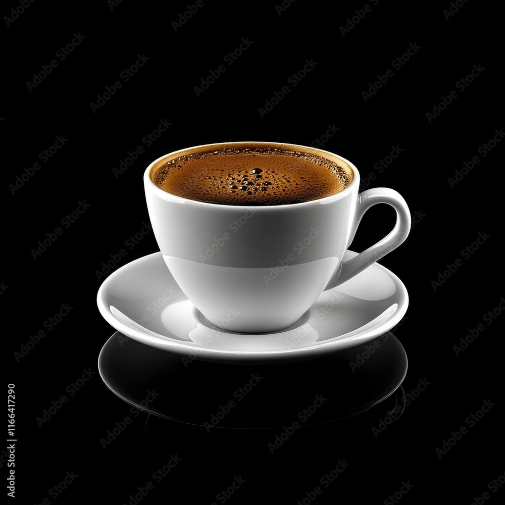 Aromatic Espresso in a White Cup on a Saucer Against Black Background Aromatic Espresso in a White Cup on a Saucer Against Black Background