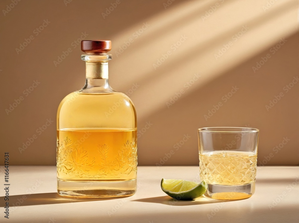 A glass of reposado tequila with its golden hue, sitting on a light, textured beige surface. A glass of reposado tequila with its golden hue, sitting on a light, textured beige surface.