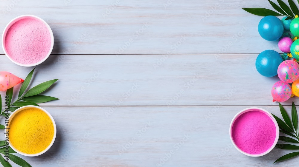 Obraz premium Colorful bowls of powder and decorated eggs on a wooden surface.