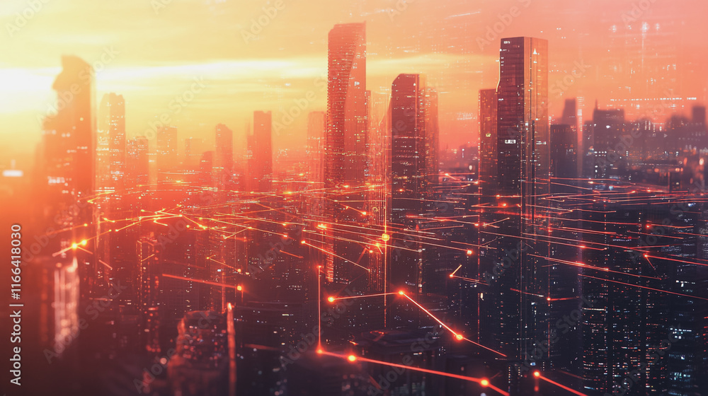 Fototapeta premium Smart Innovation city with connection cyber security network reciprocity over the sunset cityscape future wireless digital city and social media networking systems that connects people in the city