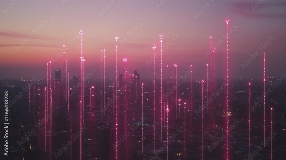 Smart Innovation city with connection cyber security network reciprocity over the sunset cityscape future wireless digital city and social media networking systems that connects people in the city Smart Innovation city with connection cyber security network reciprocity over the sunset cityscape future wireless digital city and social media networking systems that connects people in the city