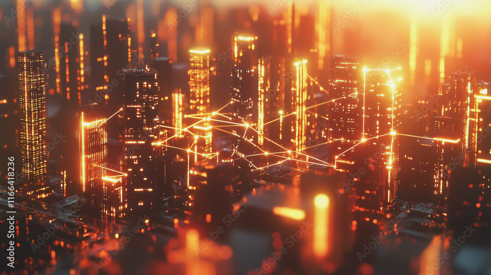 Smart Innovation city with connection cyber security network reciprocity over the sunset cityscape future wireless digital city and social media networking systems that connects people in the city