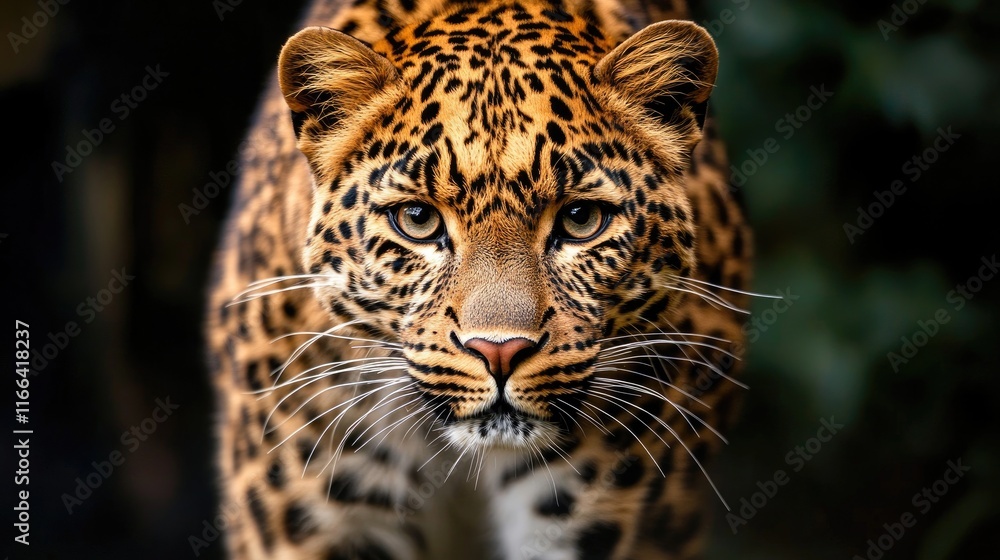 Obraz premium A close-up of a leopard showcasing its striking coat and intense gaze.