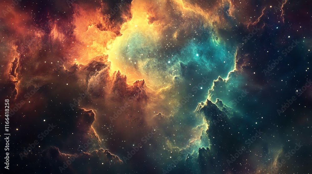 Fototapeta premium Vibrant cosmic nebula with colorful clouds and sparkling stars.