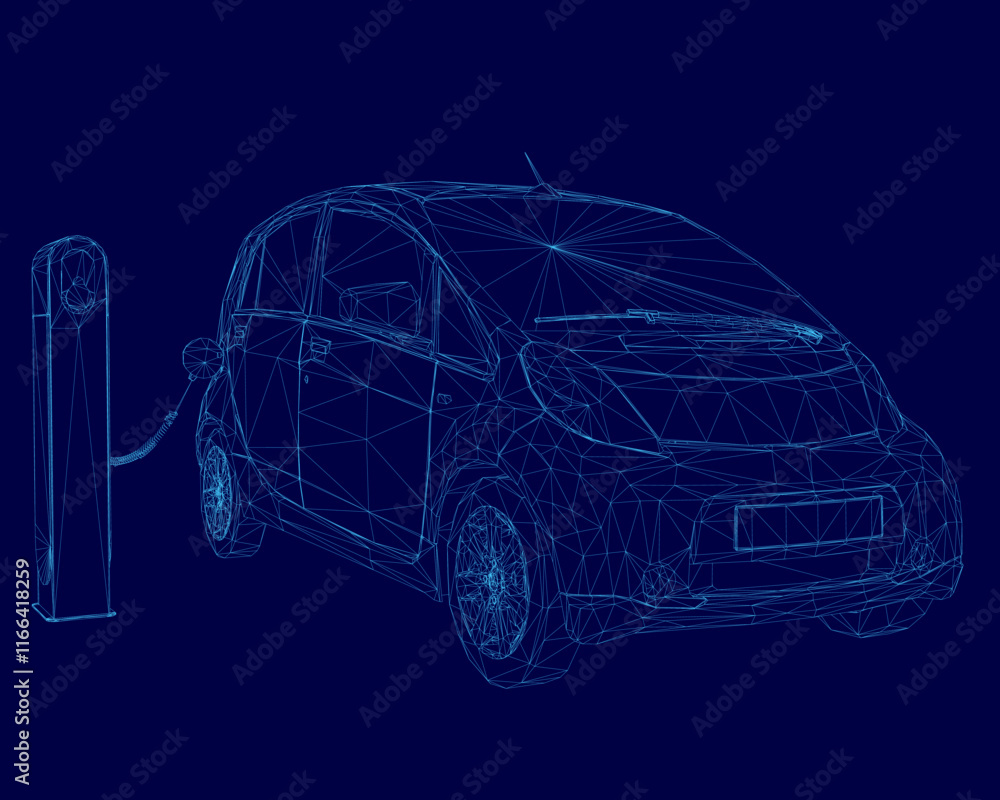 Naklejka premium Car is charging at a charging station. The car is a small electric car. The image is in blue