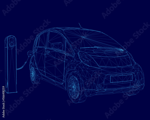 Car is charging at a charging station. The car is a small electric car. The image is in blue