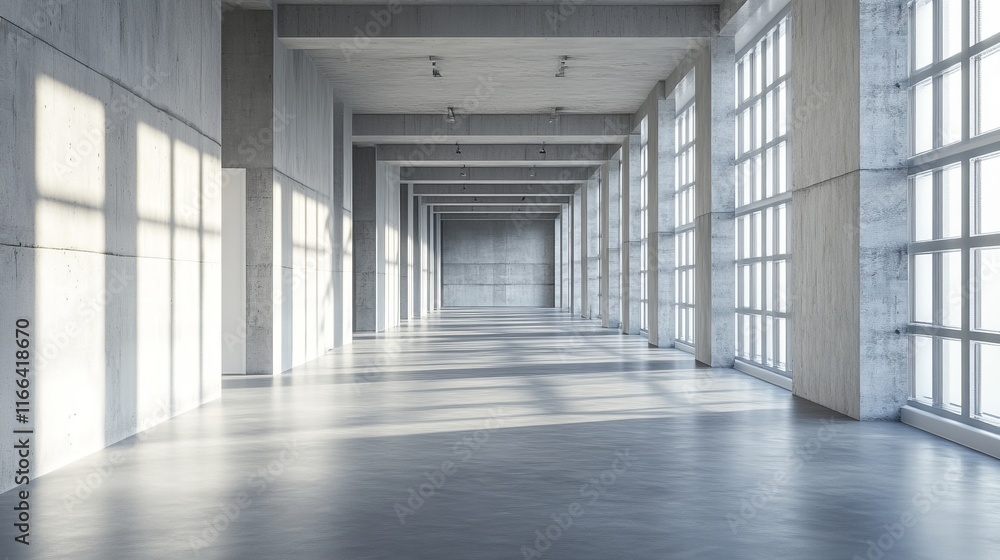 Sunlit modern concrete hallway with large windows. Sunlit modern concrete hallway with large windows.