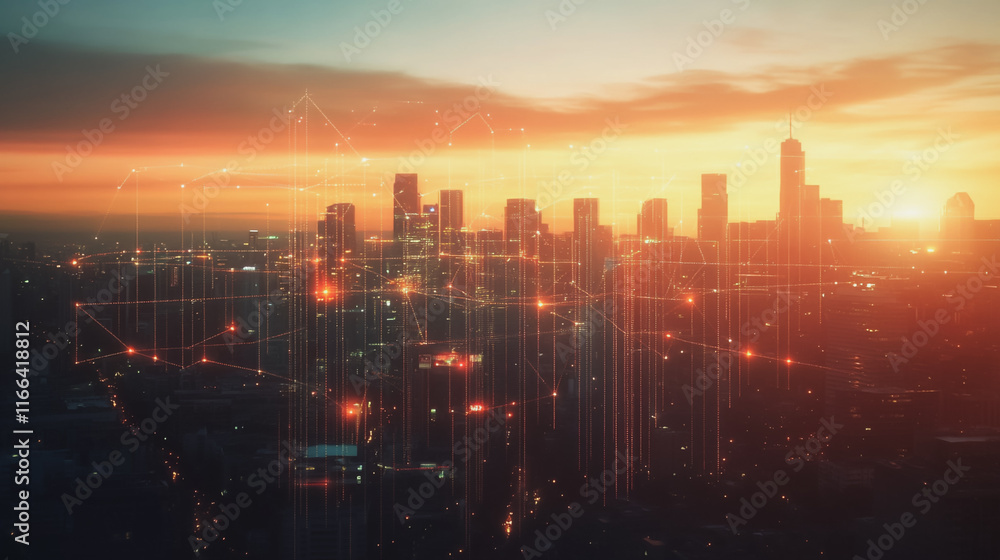Fototapeta premium Smart Innovation city with connection cyber security network reciprocity over the sunset cityscape future wireless digital city and social media networking systems that connects people in the city