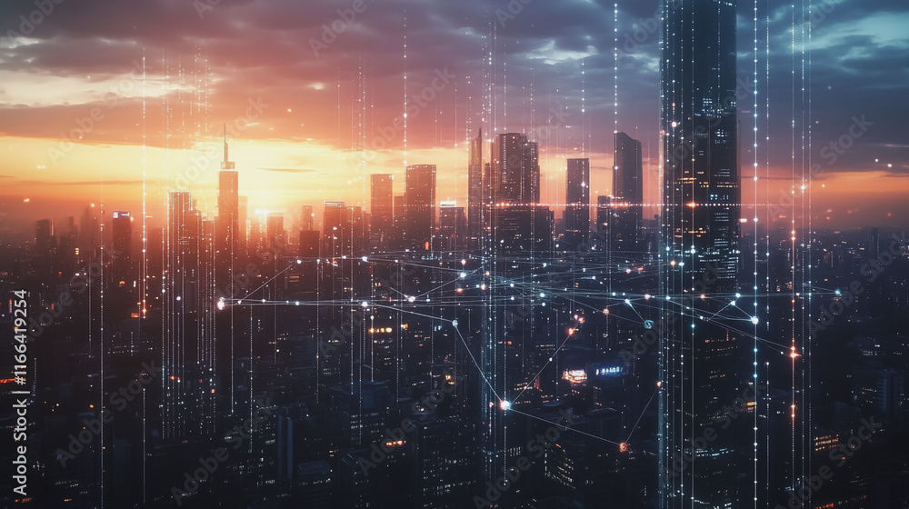 Fototapeta premium Smart Innovation city with connection cyber security network reciprocity over the sunset cityscape future wireless digital city and social media networking systems that connects people in the city