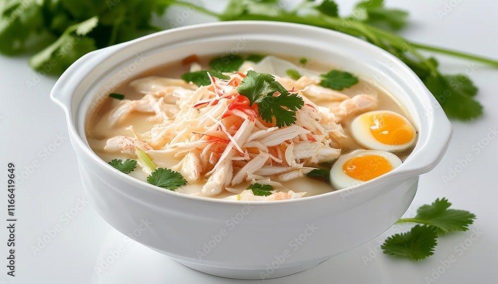 Delicious Crab Soup with Tender Meat and Fresh Herbs Served in Elegant Bowl Delicious Crab Soup with Tender Meat and Fresh Herbs Served in Elegant Bowl