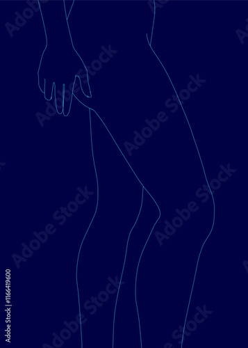 Person's legs are shown in blue background. The image is a silhouette of a person's legs, with the focus on the lower half of the body. Concept of mystery and intrigue