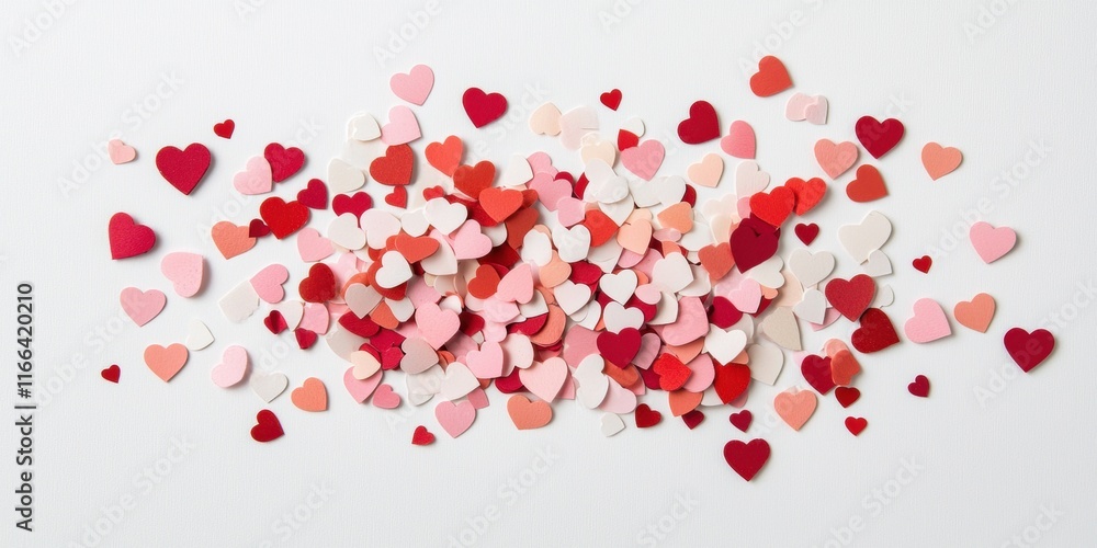 A vibrant assortment of red, pink, and white heart-shaped confetti scattered across a white background, perfect for romantic occasions. A vibrant assortment of red, pink, and white heart-shaped confetti scattered across a white background, perfect for romantic occasions.