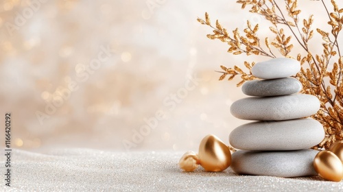 Serene stones, gold accents, sparkle; a tranquil scene.
