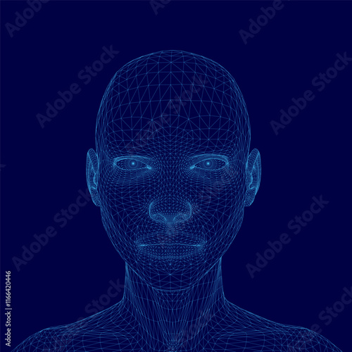 Blue head with a face made of lines. The head is in the middle of the image